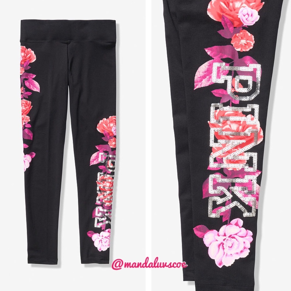 💕VS PINK DARK GREY FLORAL SILVER BLING LEGGINGS - Picture 2 of 8